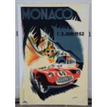 Monoco racing promotional poster - print by B.Minna '1er et 2 Juin 1952' , on board (61x90cm).