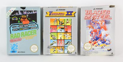 An assortment of 3 boxed NES games (PAL) Includes: Blades of Steel, Rad Racer and Track & Field