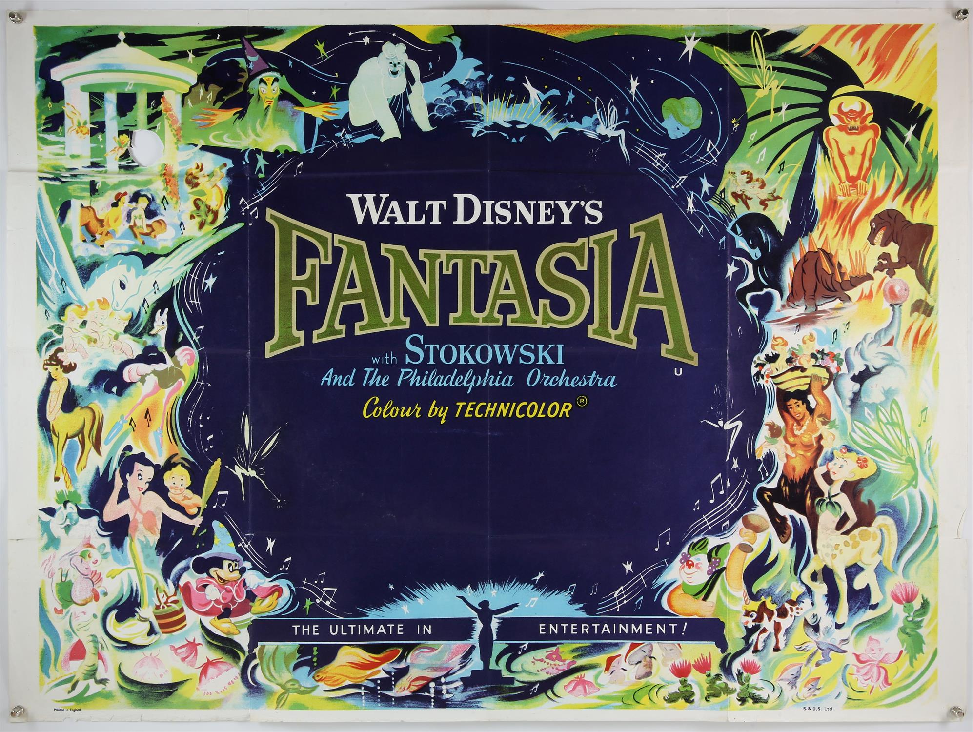 Walt Disney's Fantasia (R-1960's) British Quad film poster, folded, 30 x 40 inches.