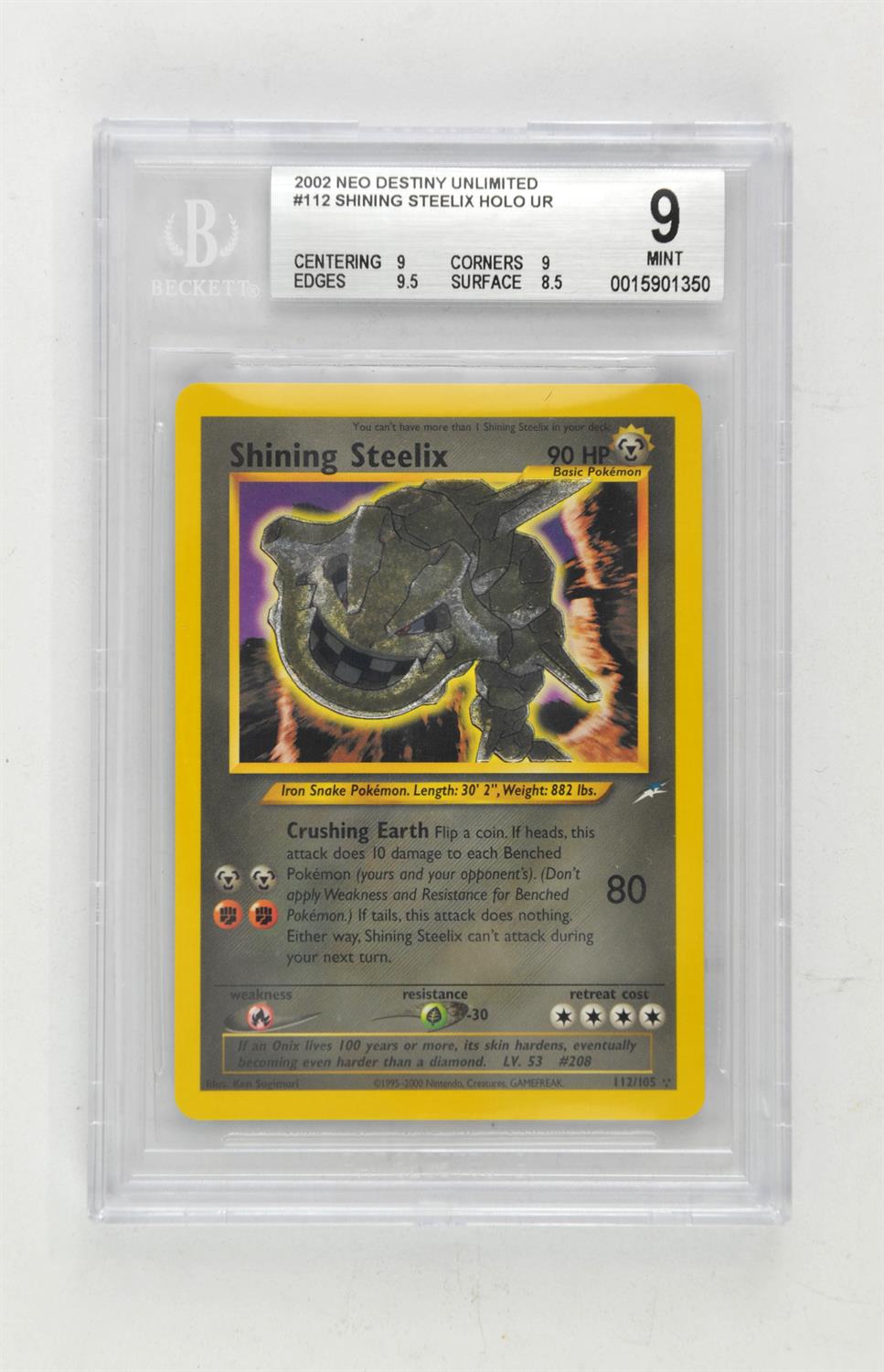 Pokemon TCG. Neo Destiny Unlimited Shining Steelix Secret Rare 112/105 graded Beckett Mint 9.