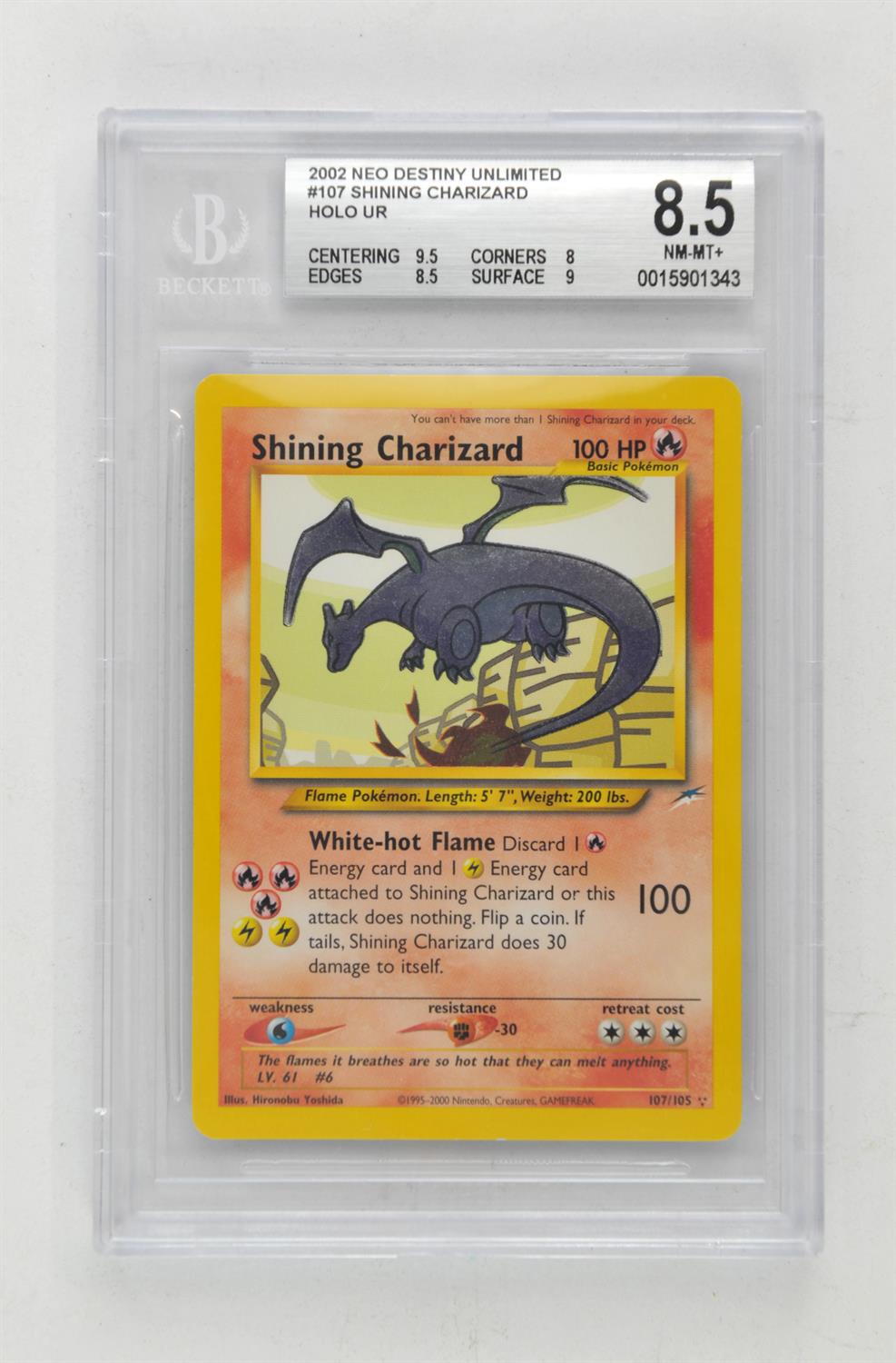 Pokemon TCG. Neo Destiny Unlimited Shining Charizard Secret Rare 107/105 graded Beckett 8.5.