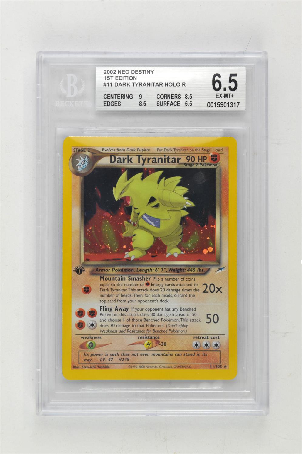 Pokemon TCG. Neo Destiny 1st Edition Dark Tyranitar Holo 11/105 graded Beckett 6.5.