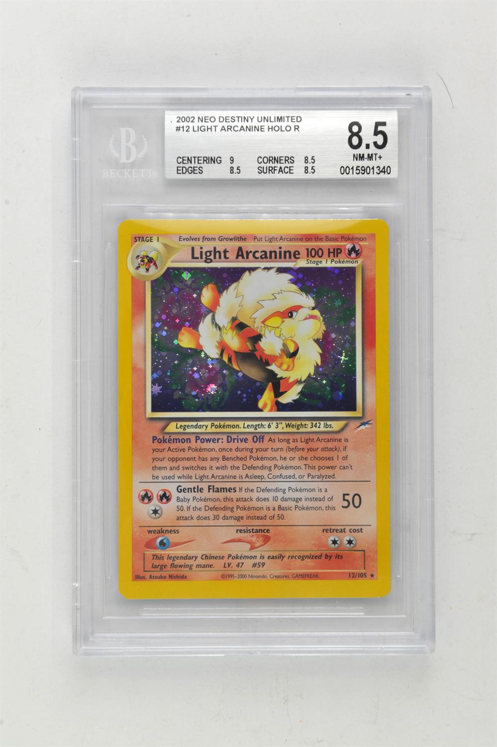 Pokemon TCG. Neo Destiny Unlimited Light Arcanine Holo 12/105 graded Beckett 8.5.