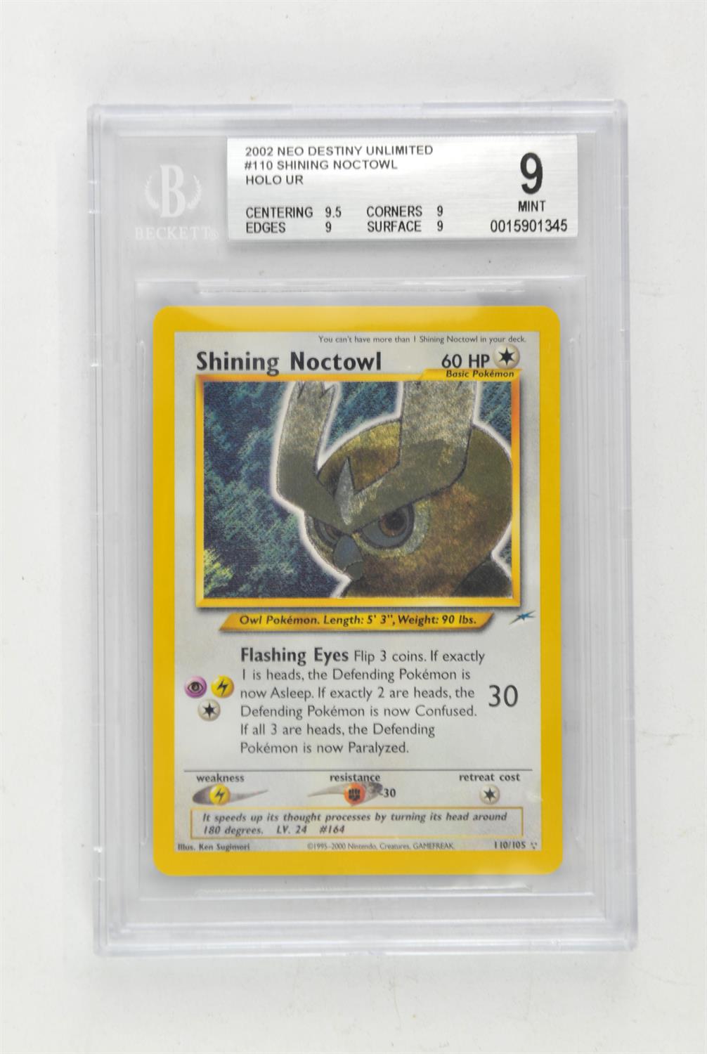 Pokemon TCG. Neo Destiny Unlimited Shining Noctowl Secret Rare 110/105 graded Beckett Mint 9.