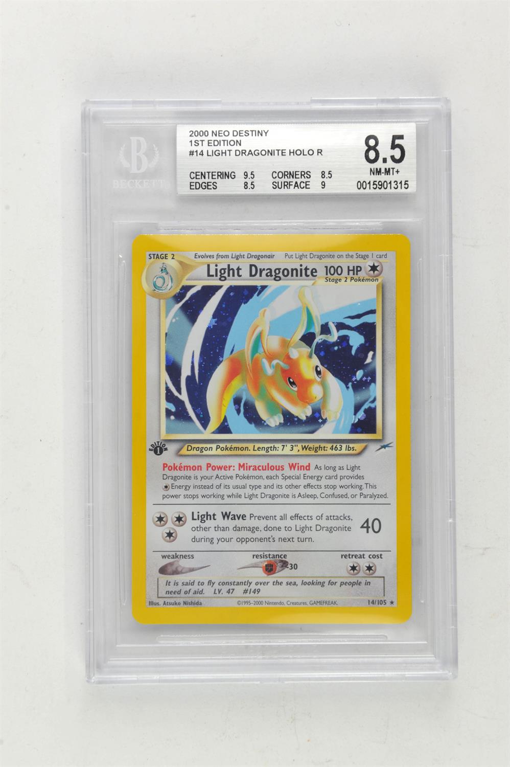 Pokemon TCG. Neo Destiny 1st Edition Light Dragonite Holo 14/105 graded Beckett 8.5.