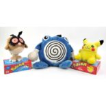 An assortment of Pokémon merchandise Includes: Pikachu Plush, HootHoot Plush and Poliwhirl