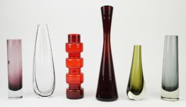 Pukeberg, two Swedish glass candlestands, labels to edges, 7cm high, together with a Finnish glass