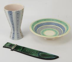 Poole pottery, a pottery sword, 31.5cm long, together Freeform vase, pattern no. X/PLC, 19.