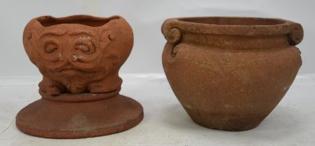 Manner of the Compton Pottery, a terracotta scroll pot, on an associated stand, the pot 25cm high,