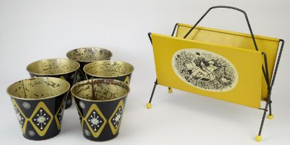 Pa Ca Liverpool, Strand, five printed tin buckets, decorated with geometric designs, 15cm high,