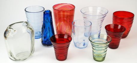 A group of ten glass vases, various makers to include Whitefriars, in red, blue, white and pale