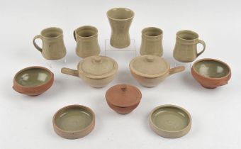 Leach pottery, four stoneware mugs, two small bowls, a pair of coaster dishes, a bowl with cover,