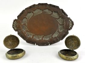 Art Nouveau copper tray by Townshends Ltd in the form of poppies, 31cm and two oval brass tobacco