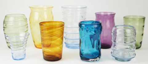 A group of nine glass vases, to include Whitefriars, in blue, white, pale green, purple hues,