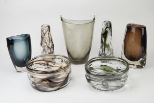 A collection of twelve Whitefriars smoky black glass vases, to include two near pairs,
