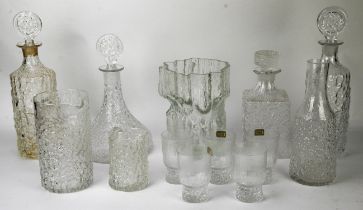 A collection of Whitefriars glass, to comprise a matched pair of decanters and stoppers, 34cm high,