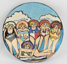 Unknown artist, Ladies on the beach, painted pottery, incised mark to base, 51cm diameter