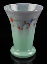 Monart, a green glass vase with cushion base, decorated with mottled blue and green rim,