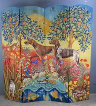 Julia Manning, a four fold screen, painted with a scene of dogs in a landscape with fruit trees and