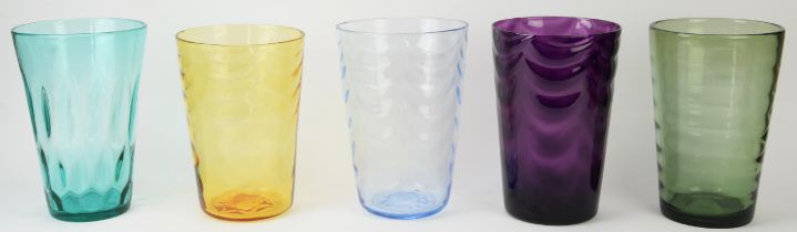 A group of Whitefriars eight glass vases, various colours in red, purple, pale blue hue,