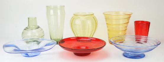 A collection of ten glass vases and vessels, to include four bowls, probably Whitefriars and other