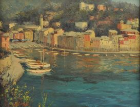 Giuseppe Arigliano (1917-1999), A harbour village, oil on board, signed lower left, 24.5 x 30cm.