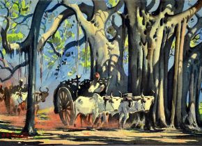 Gideon Devapriam Thyaga Raj (Indian b. 1930) Oxen Cart in the Woods, watercolour, signed lower left,