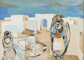 Attributed to Dorothy Braund (Australian, 1926-1913), Abstract coastal landscape with figures,