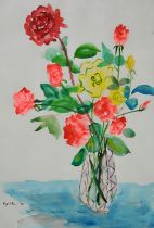 Sir Roy Calne (British b.1930) Still life of Roses in a Vase. Watercolour 1995. Signed lower left.