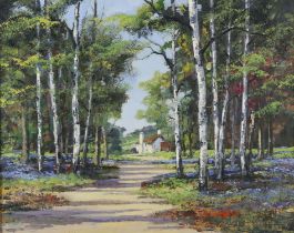 Alan King (British, 1946-2013). 'Bluebell Path', landscape with birches to foreground,