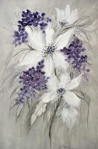 Sandra Cooper (Contemporary Liverpool artist), White and purple flowers, acrylic on canvas,