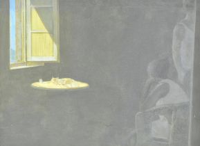§ David Tindle (British b.1932-), 'Interior with window', egg tempera, 25cm x 34cm.