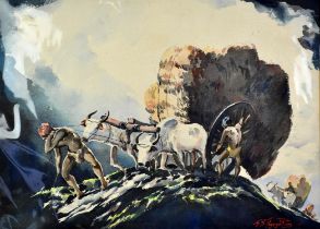 Gideon Devapriam Thyaga Raj (Indian b. 1930) An Oxen Cart, watercolour, signed lower right,