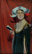 British School (20th century), Portrait of a woman in medieval dress holding a book, oil on board,