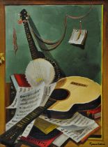 Frank Lean (20th century), Still life of Instruments and Music, oil on canvas, signed lower right.