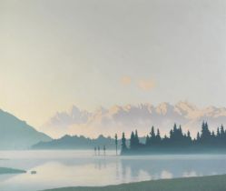 § Felix Heuberger (Austrian, 1888-1968), Lake near Seefeld with Karkkogel mountains, oil on board,