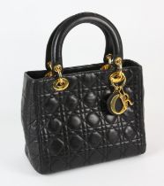 CHRISTIAN DIOR vintage 1990s-2000 black and gold Cannage quilted MEDIUM Lady Dior lambskin leather