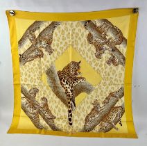 SALVATORE FERRAGAMO silk scarf in yellow depicting leopards