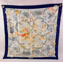 SALVATORE FERRAGAMO silk scarf depicting Star signs and flora and fruits with a dark surround