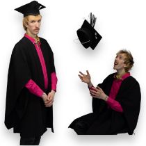 A black academic gown and two mortar board hats suitable for graduation ceremony.