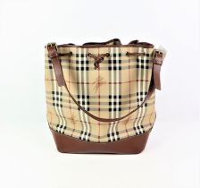 BURBERRY beige and brown leather trimmed coated canvas Haymarket Check large bucket bag with brass
