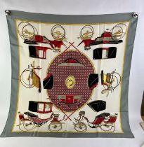 HERMES silk scarf Les Voitures A transformation depicting carriages
