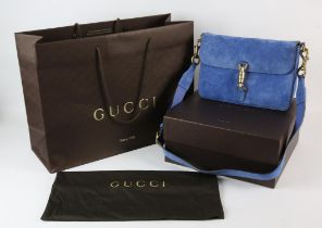 GUCCI soft suede JACKIE shoulder beg in Cerulean blue with suede leather strap and optional webbing
