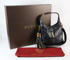 GUCCI MUSEO large navy blue leather JACKIE handbag with classic GUCCI flora lining and with gold