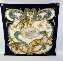 ADDENDUM DESCRIPTION AND ESTIMATE : SALVATORE FERRAGAMO silk scarf depicting big cats and polo
