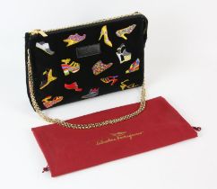 SALVATORE FERRAGAMO black velvet evening bag with embroidered shoes design and gold coloured