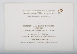 James Bond Goldfinger (1964) Ticket for the Reception at the Gaumont Theatre Norwich on Monday 2nd
