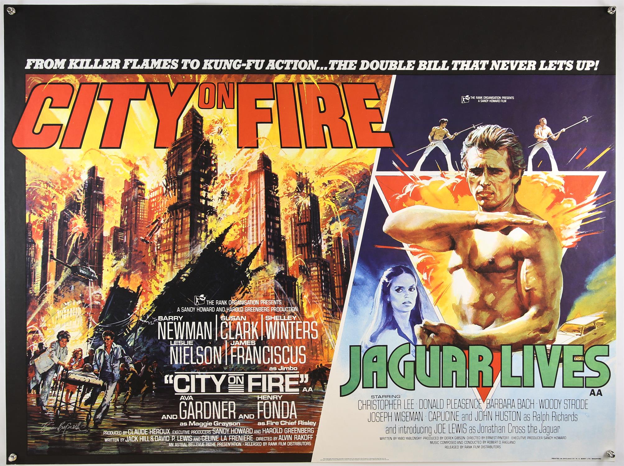 City on Fire / Jaguar Lives (1979) British Quad film poster, signed by Brian Bysouth, single fold,
