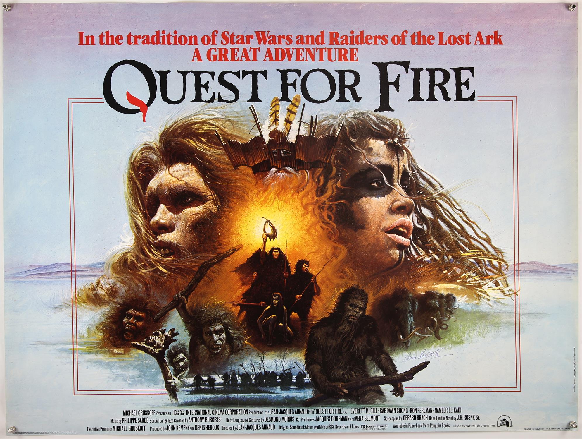 Quest for Fire (1981) British Quad film poster, signed by Brian Bysouth, rolled, 30 x 40 inches.