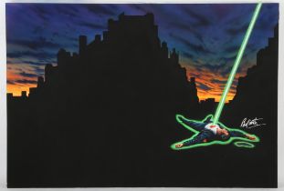 Original colour artwork by Brian Bysouth, gouache on board showing a man being zapped by a laser,